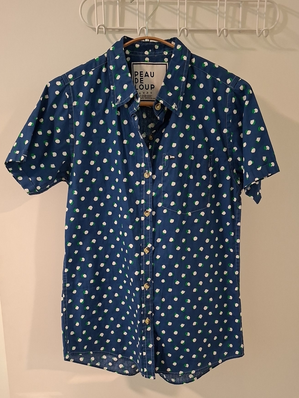 Peau de loup Blue, Green & White Polka Dot Short-sleeve Shirt (Size 2/XS)